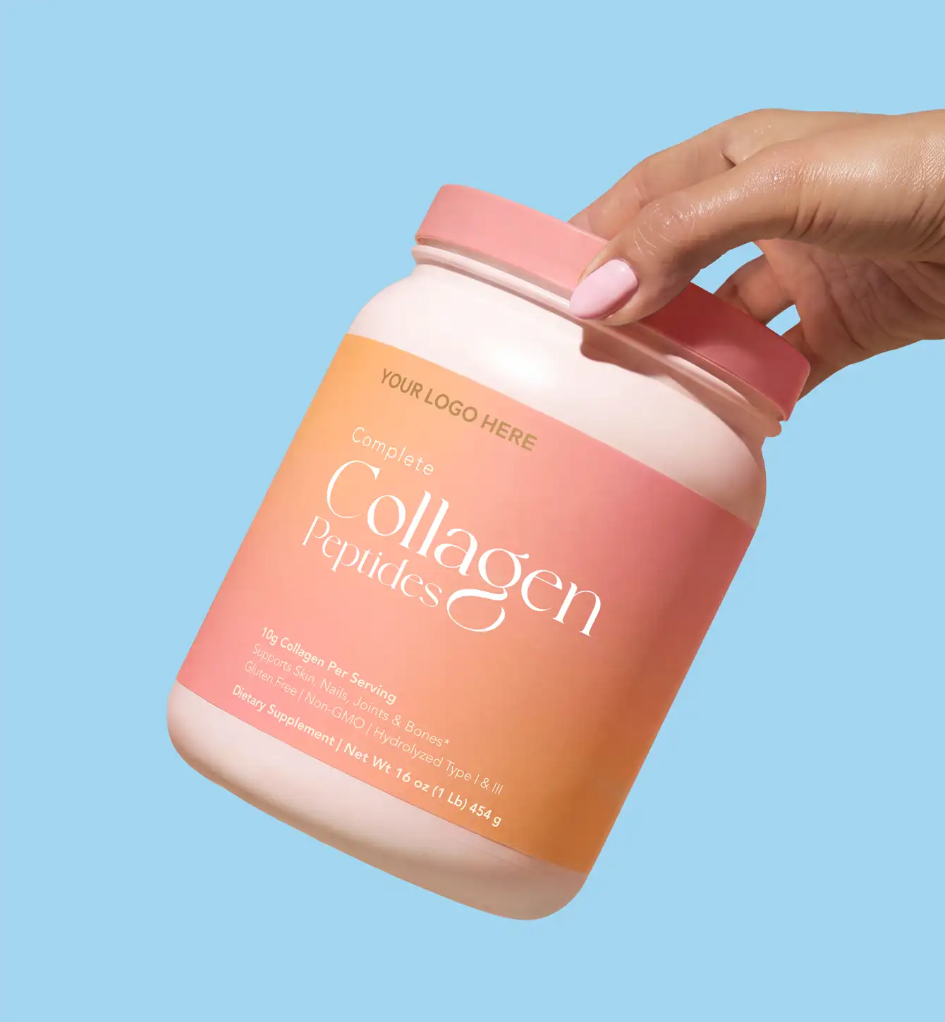 Collagen peptides tub with a placeholder brand label, held in one hand
