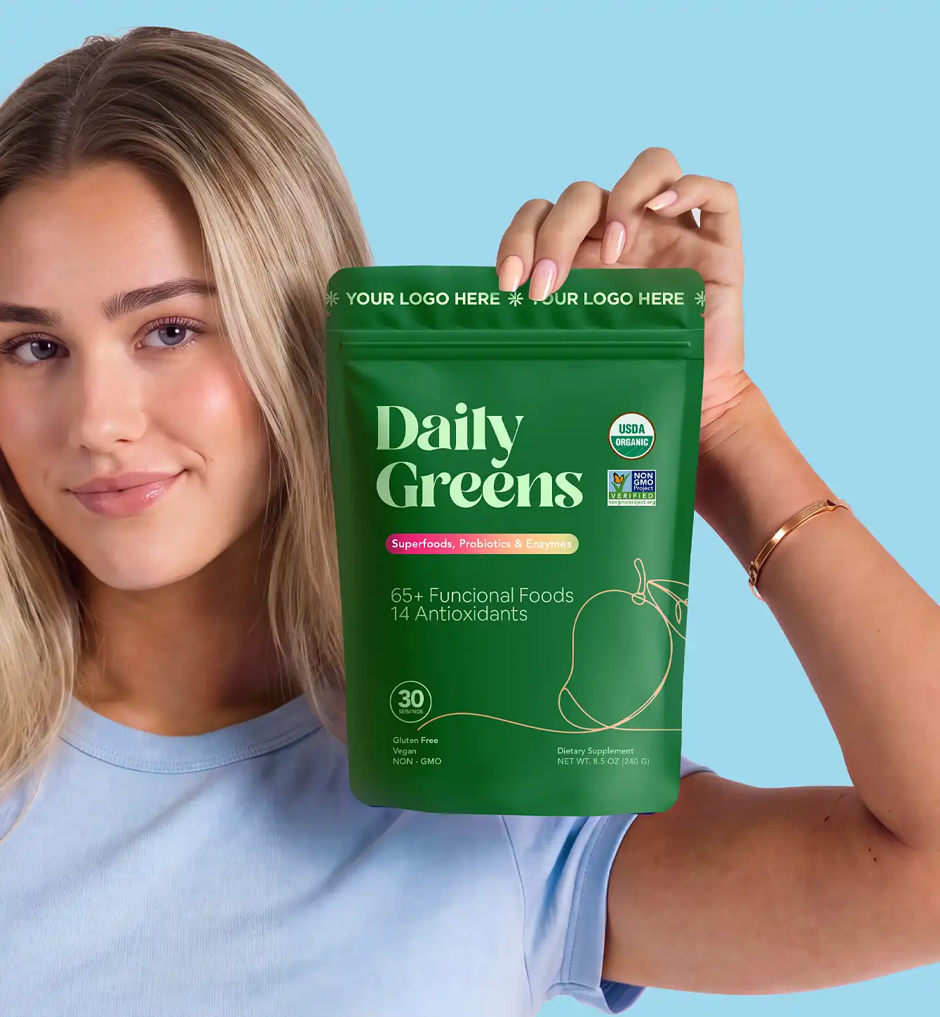 Daily greens powder tub with a placeholder brand label