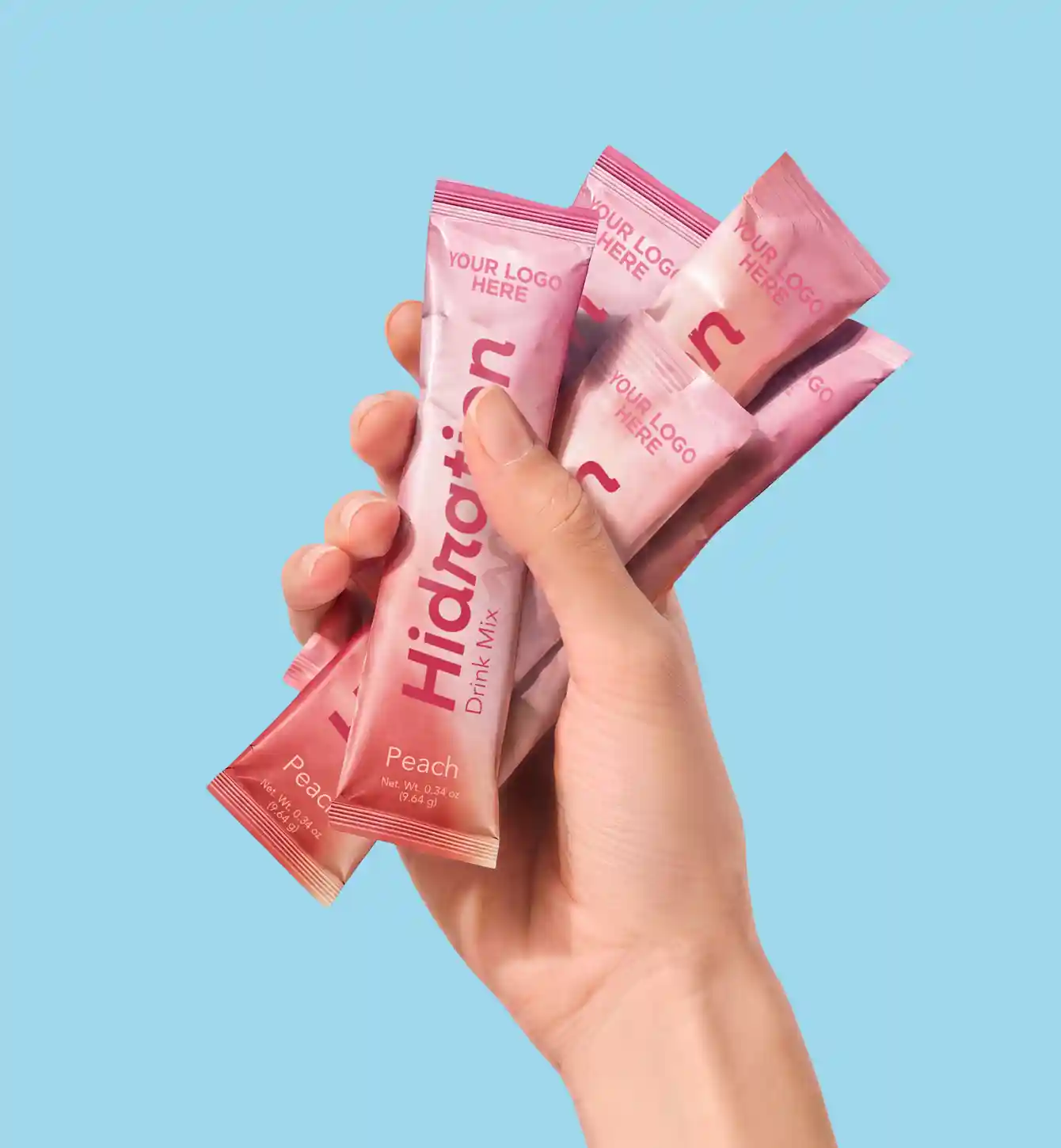 Drink mix stick sachets with placeholder brand labels