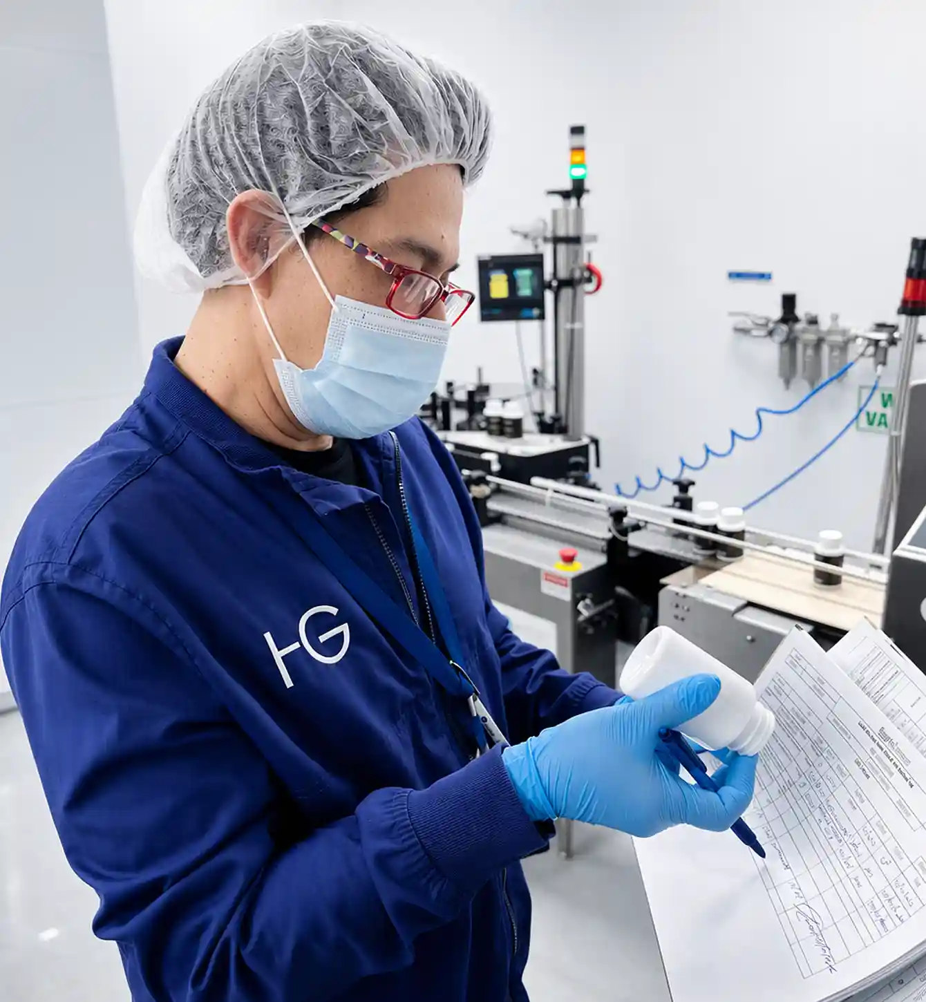 Quality inspector recording checks beside a production line