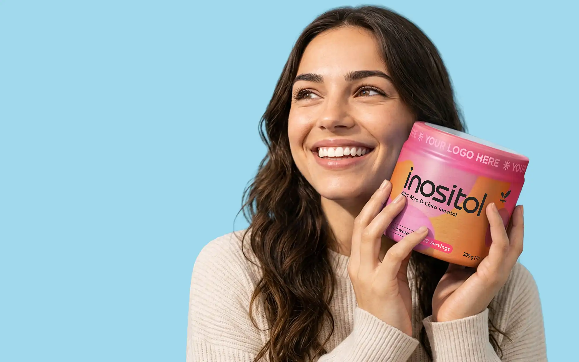 Woman holding a private label inositol powder tub manufactured by Health Genesis Corporation