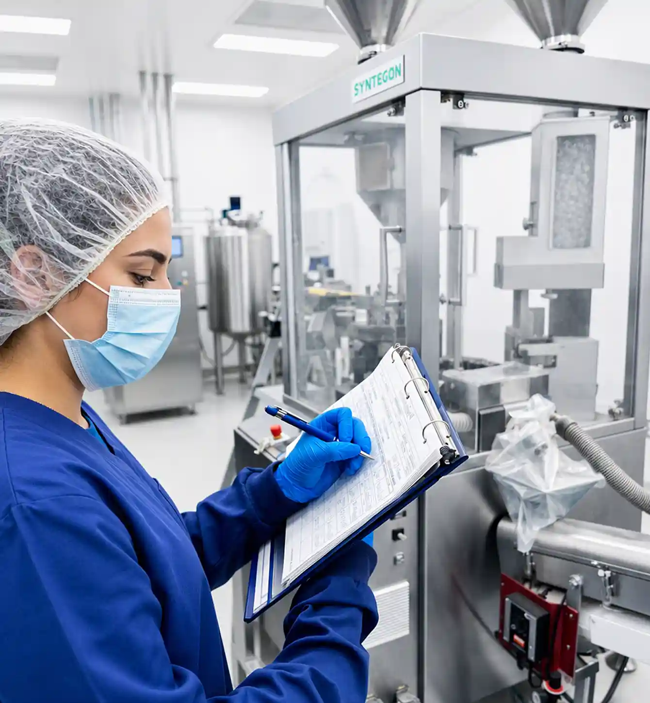 Technician completing a quality checklist beside equipment