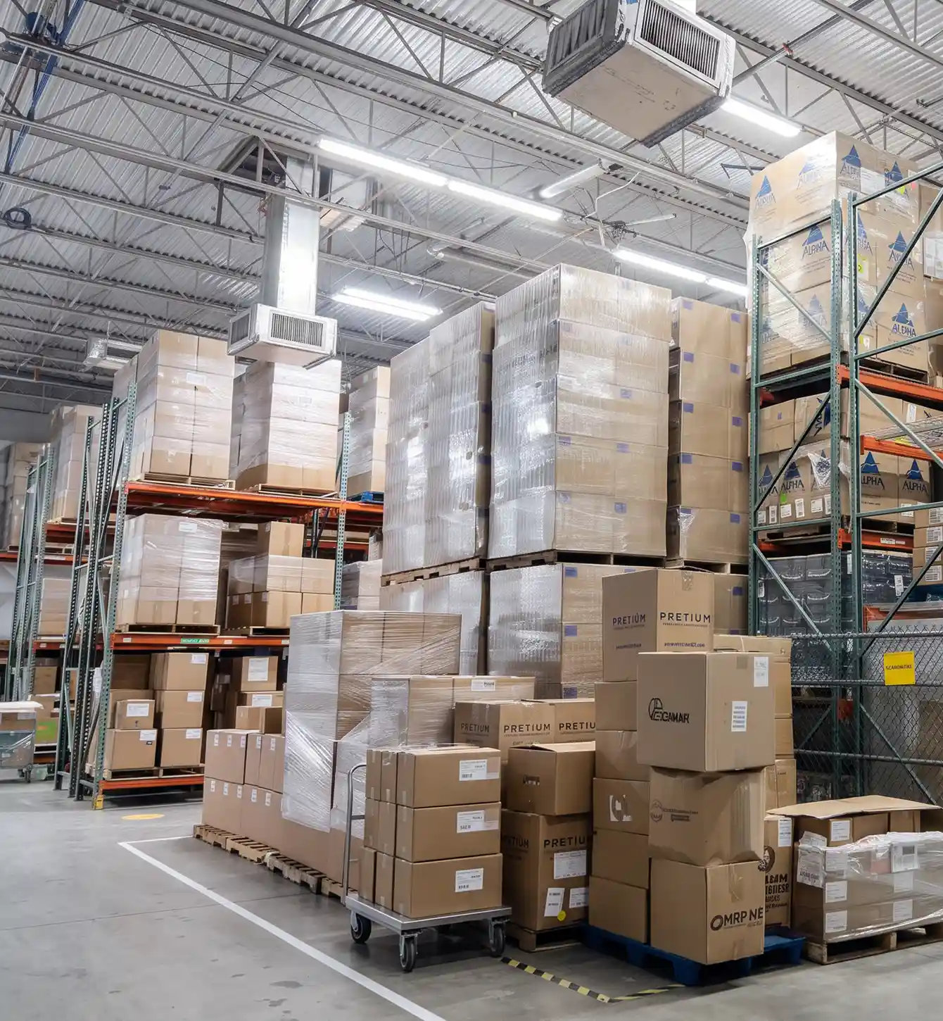 Cartons and pallets stacked in warehouse racking
