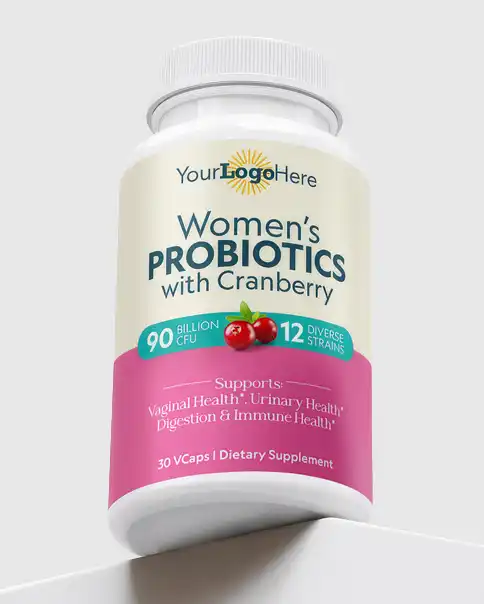 Three-dimensional render of the finished probiotic bottle, angled view