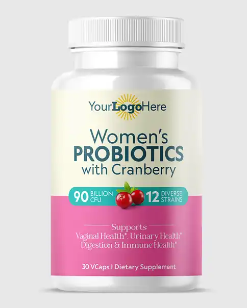 Finished women's probiotic bottle with the completed label design, front view