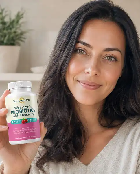 Woman holding the finished women's probiotic bottle