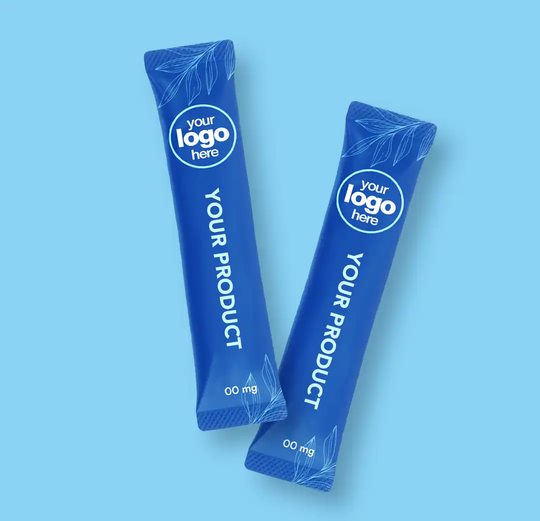 Stick packs rendered with brand artwork
