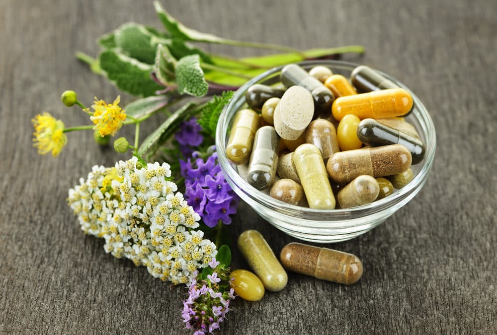 Vitamins natural supplements with fresh fruits and healthy ingredients
