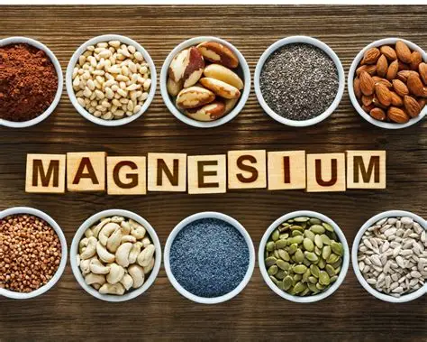 Sources of magnesium including nuts seeds leafy greens and whole grains