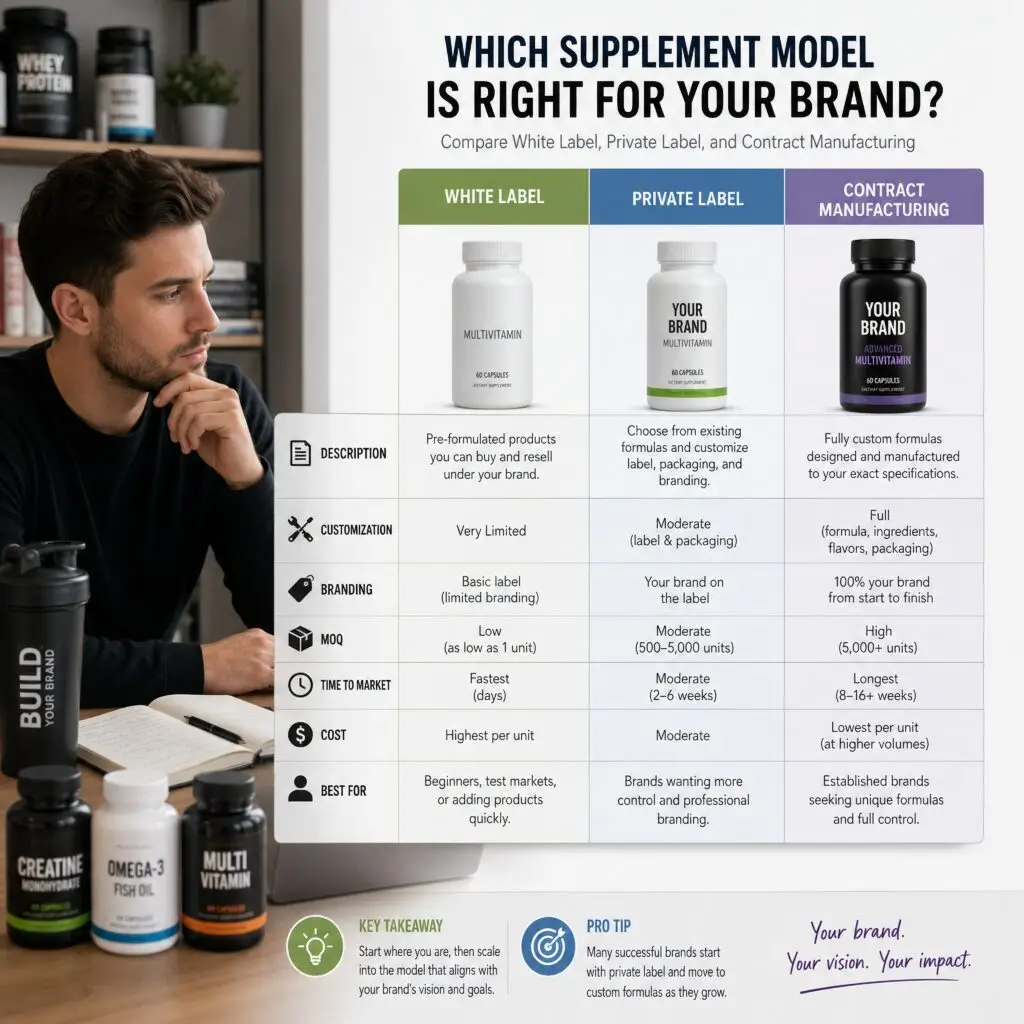Supplement brand owner comparing white label supplements, private label, and contract manufacturing model options