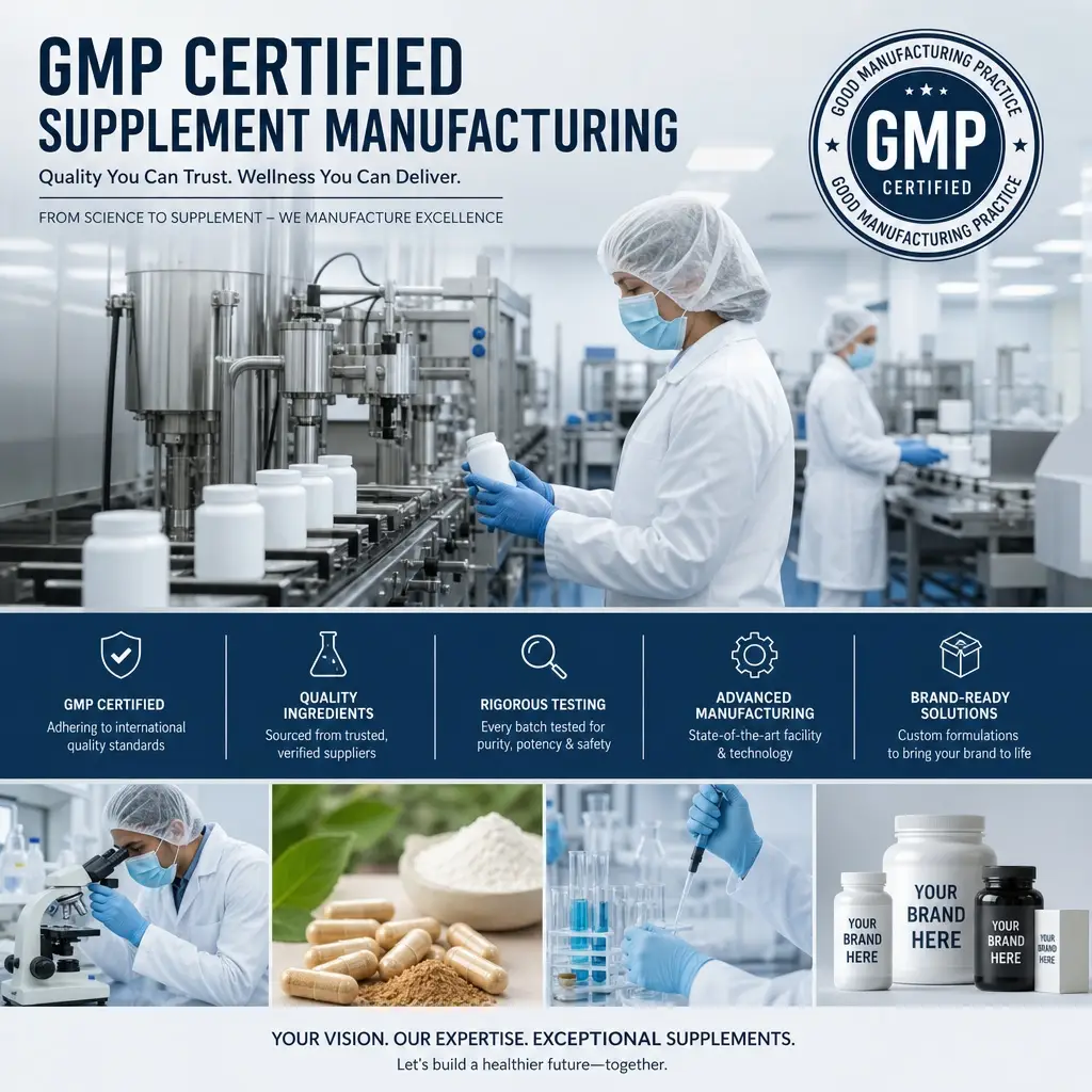 GMP certified supplement manufacturing facility representing quality control in supplement brand launch