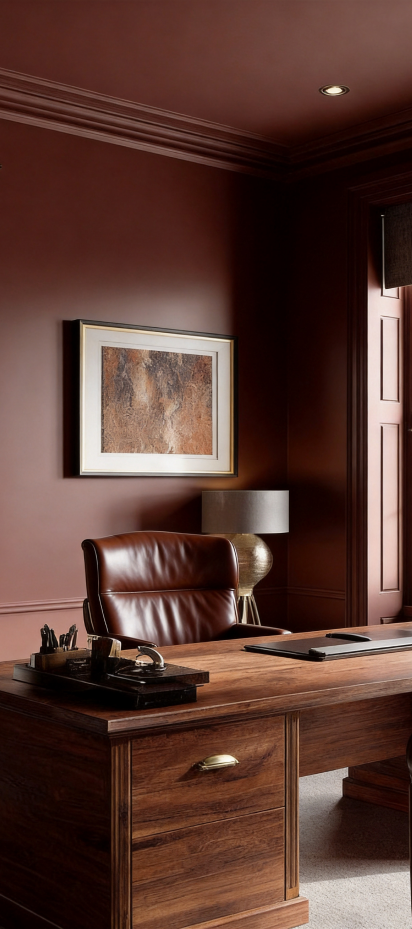 Dark-panelled study with leather office chair and desk
