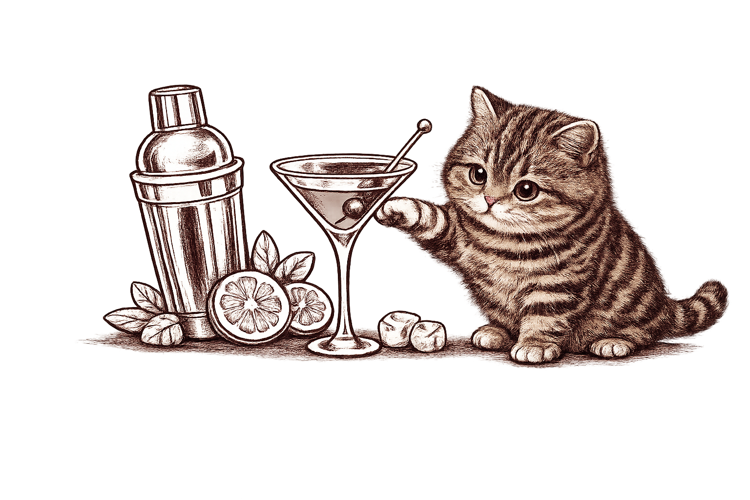 Cat mixing a martini with a cocktail shaker