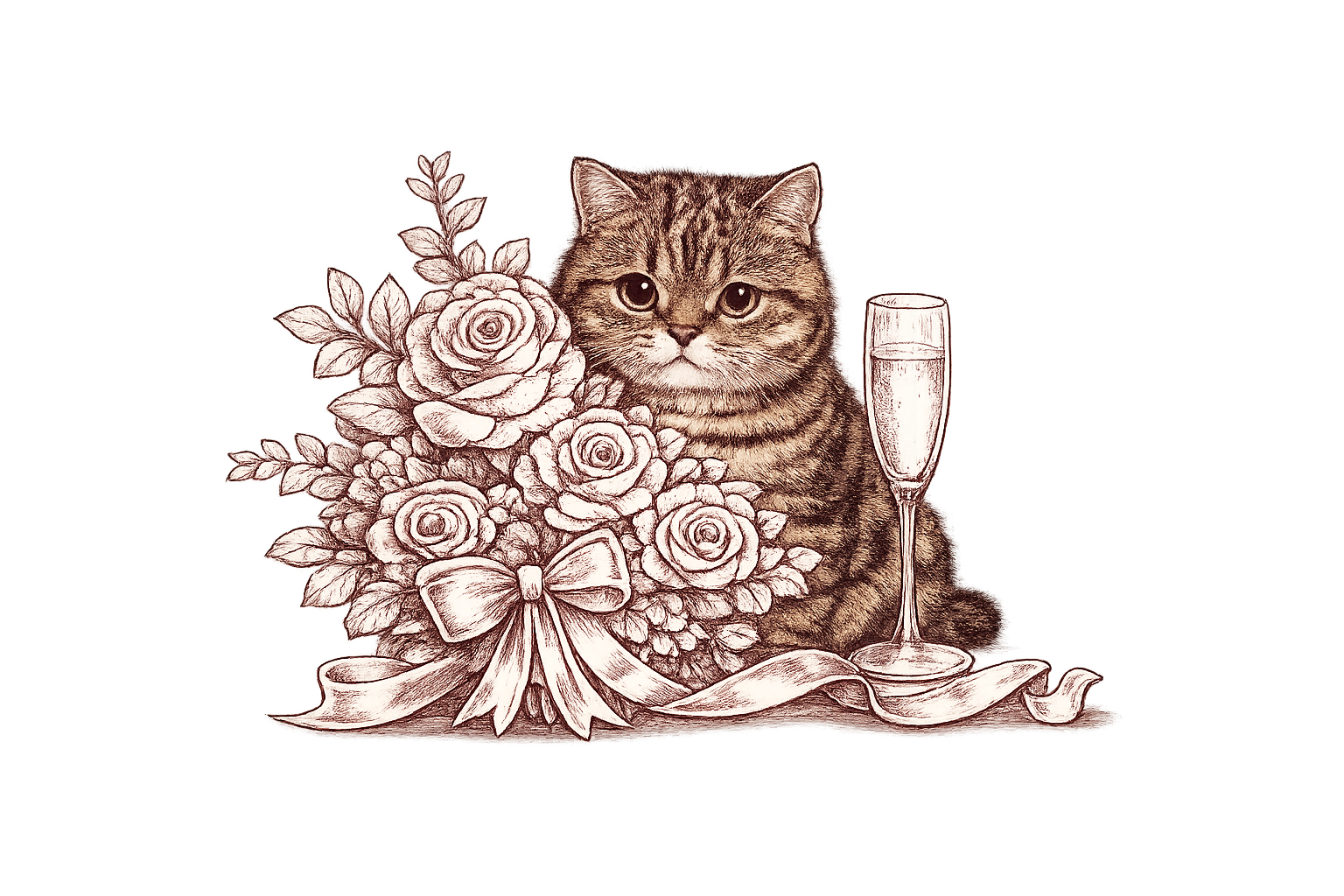 Cat with roses and a glass of champagne