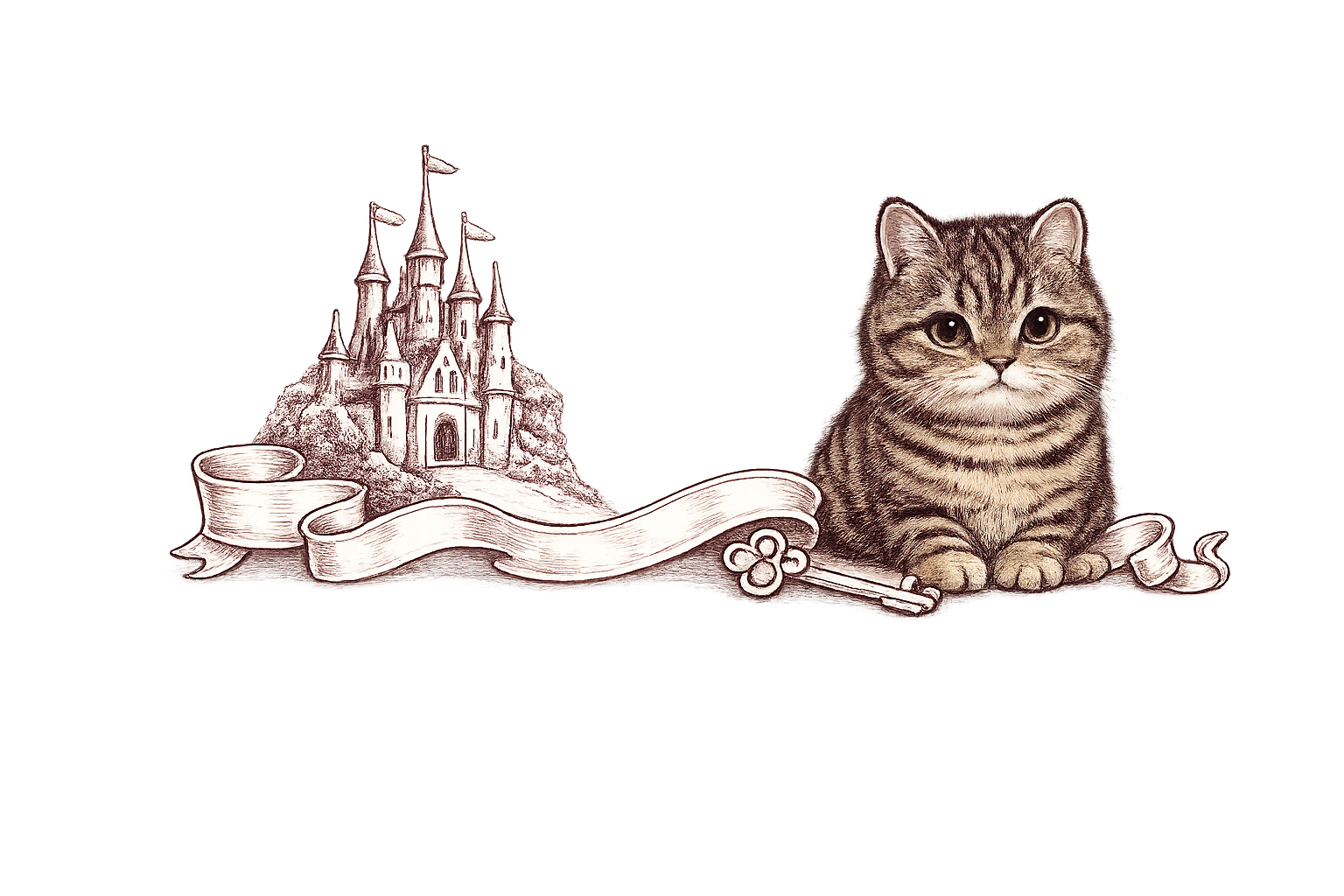 Cat with a candelabra, ribbon and key