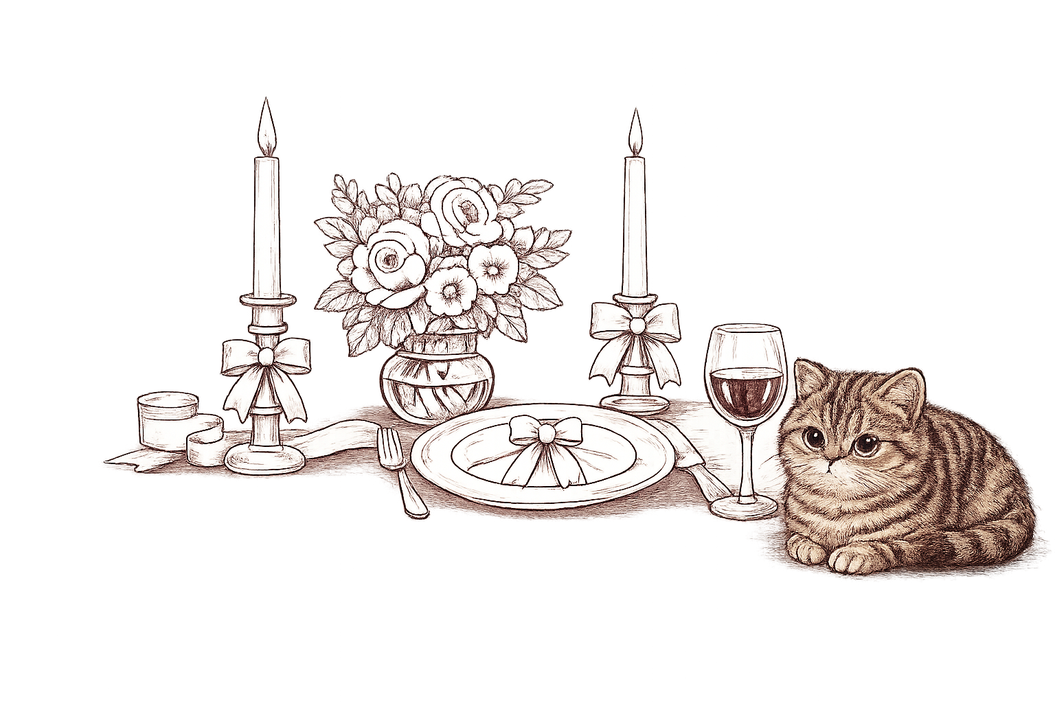 Cat resting beside wine and a place setting