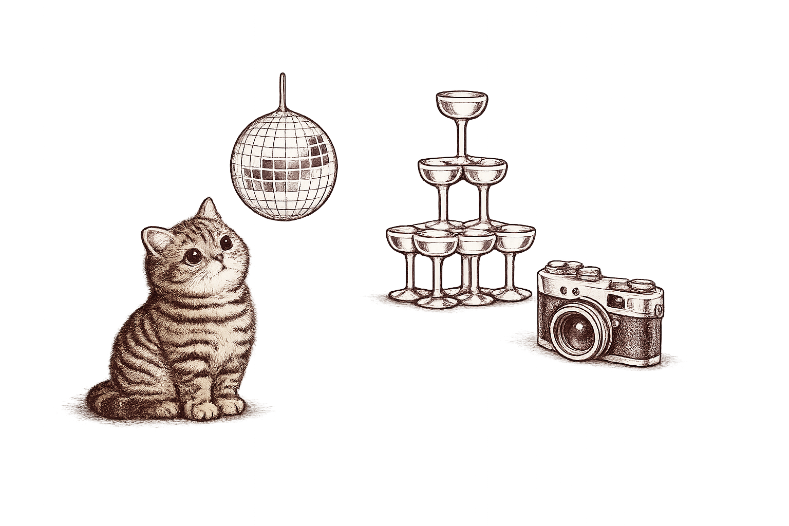 Cat with a disco ball, champagne tower and camera