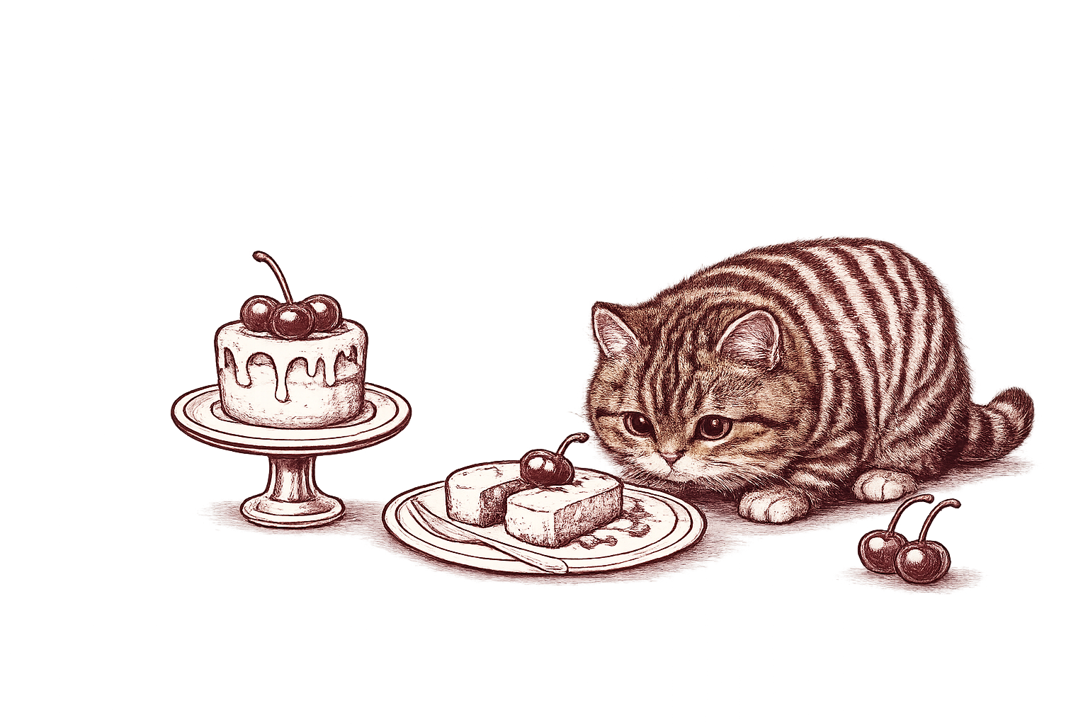 Cat sneaking a bite of cake and cherries