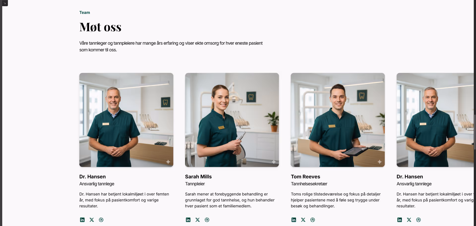Team section featuring portraits and descriptions of dental staff Dr. Hansen, Sarah Mills, and Tom Reeves in a clinical setting.