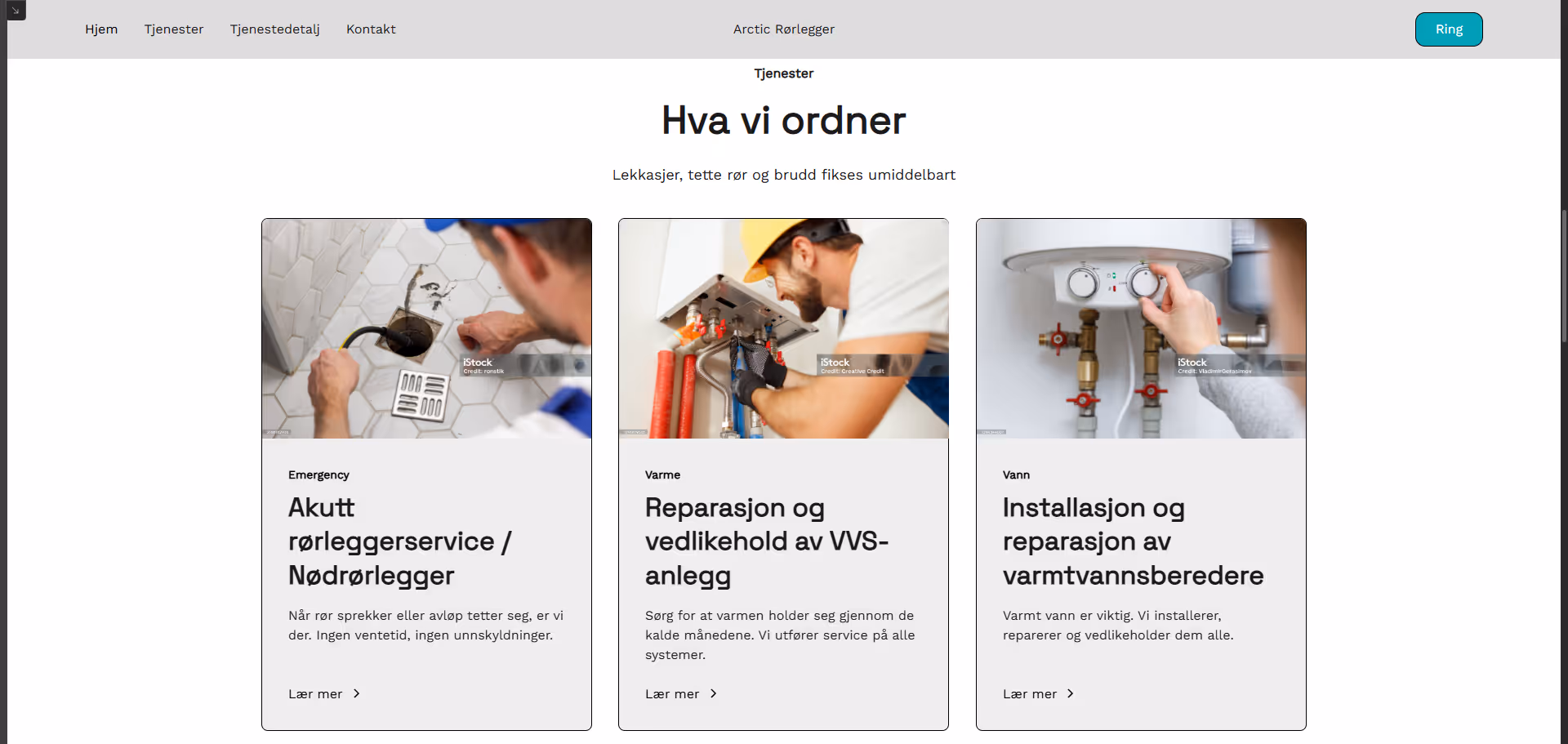 Website section showing three plumbing services: emergency repair of pipes, maintenance of heating systems, and installation and repair of water heaters.