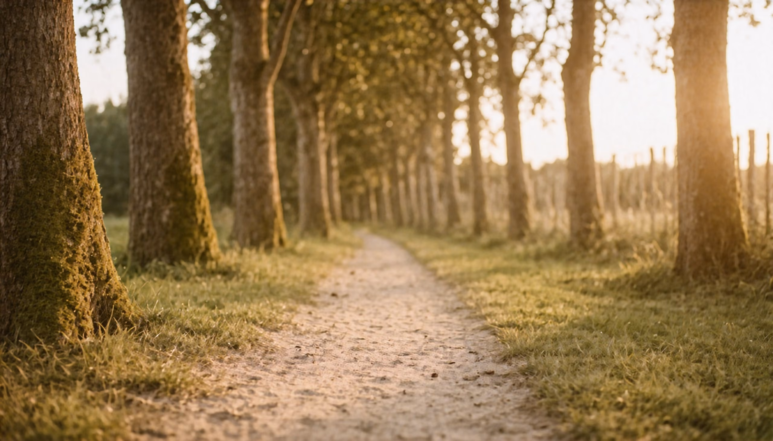 Een rustig pad loopt tussen bomen door in warm avondlicht.