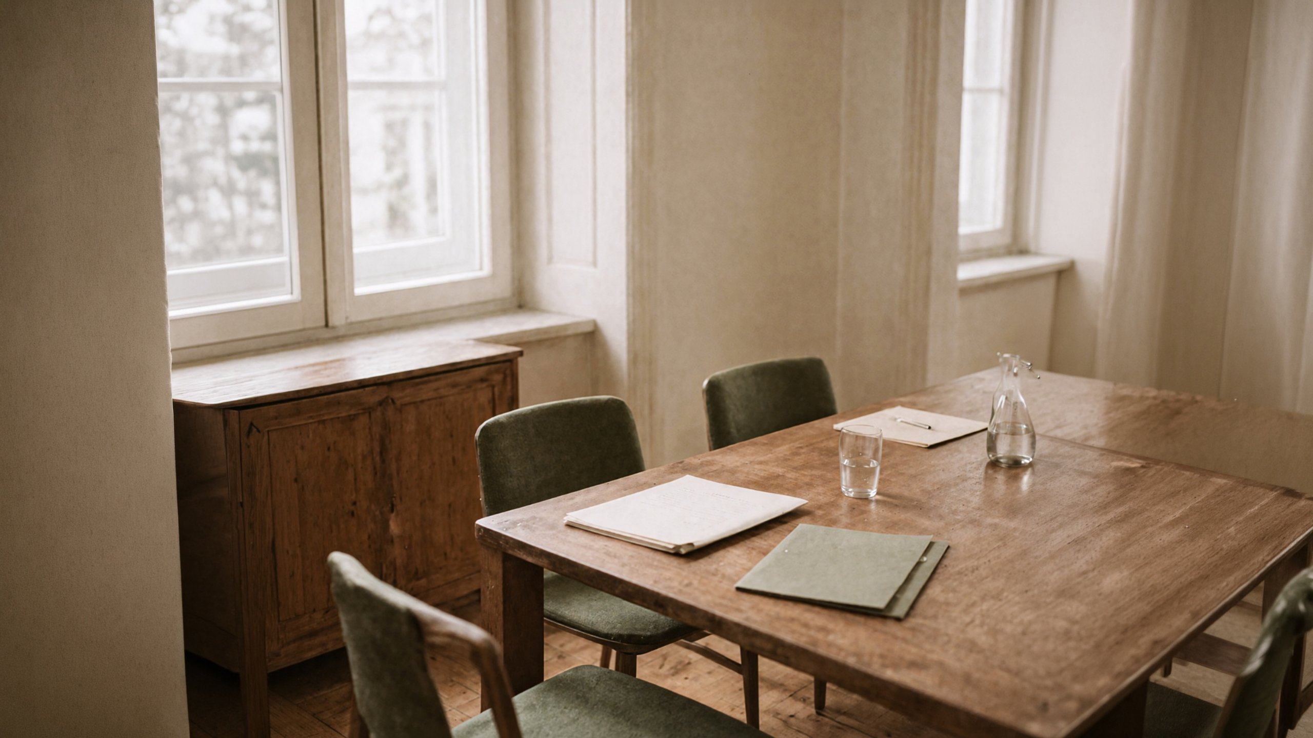 Vergaderruimte met een houten tafel, groene stoelen en notitieboeken klaargelegd.