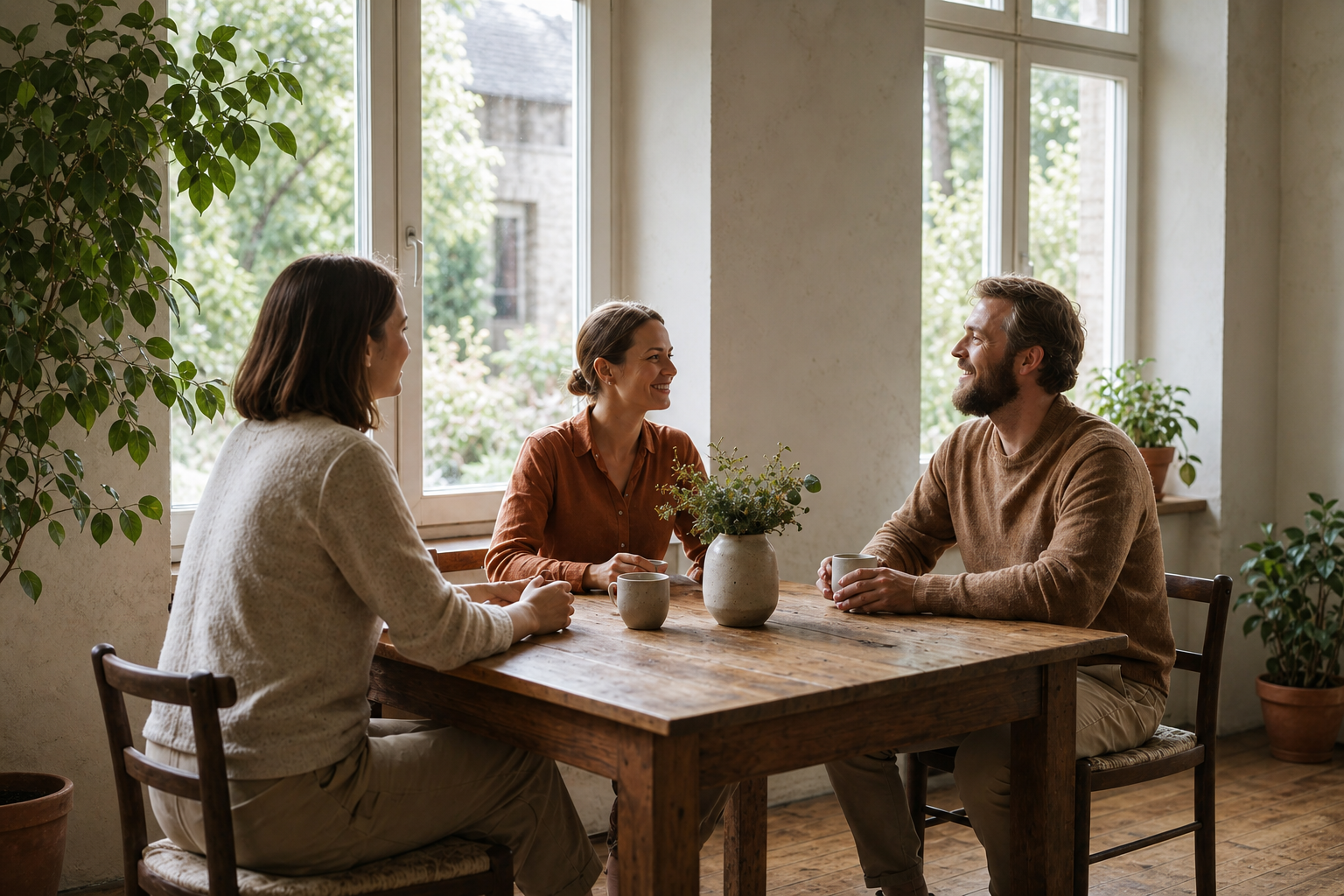 Drie collega's zitten aan een houten tafel te praten met koffie en een plant erbij.