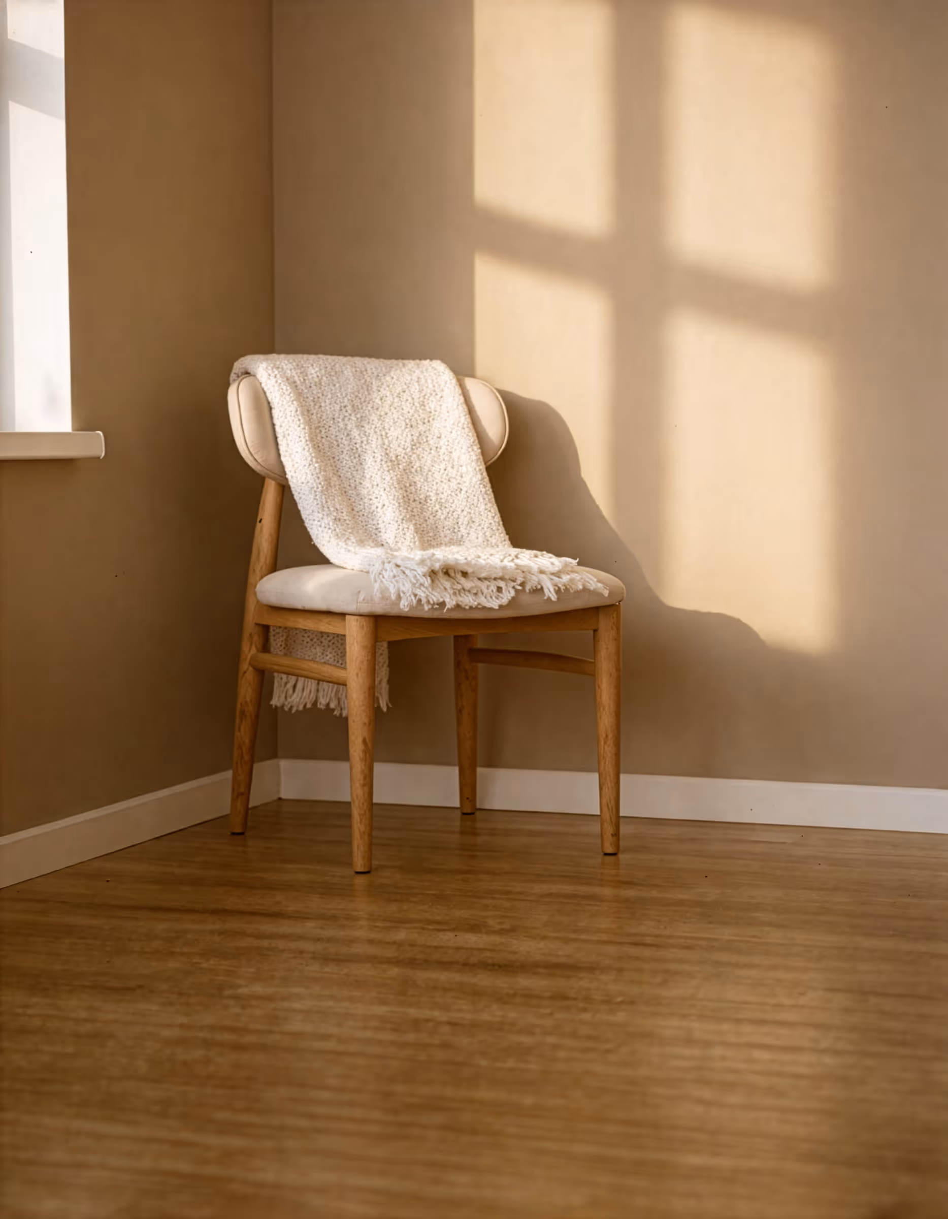 Houten stoel met lichte kussens en een gebreide deken in een kamer met zonlicht op de muur.