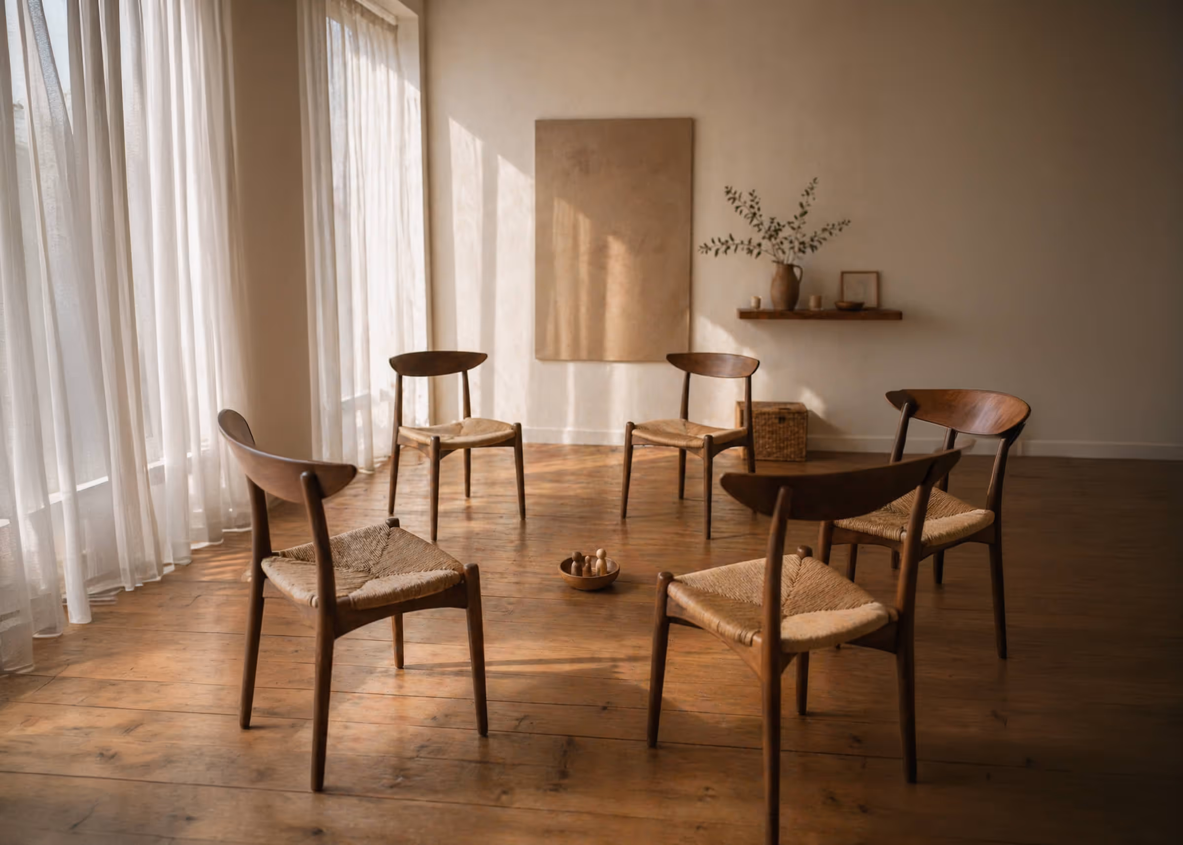 Vijf houten stoelen in een kring op een houten vloer in een minimalistische kamer met licht door gordijnen.