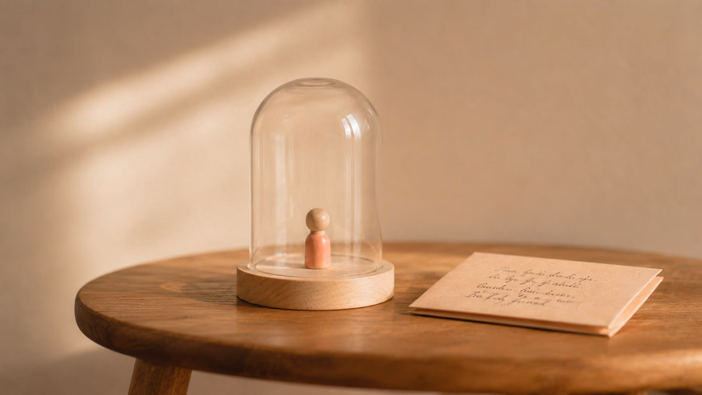 Houten figuurtje onder glazen stolp op een houten tafel naast een dichtgevouwen brief.