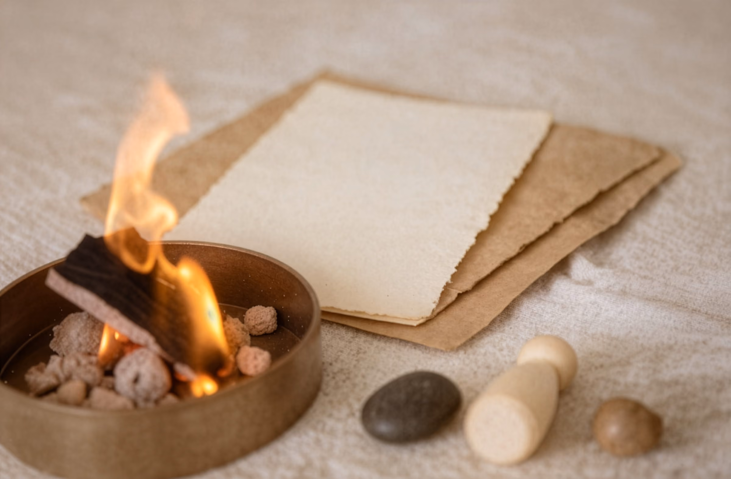 Brandende houten blokken in een schaal naast stapel papier en stenen op een beige doek.