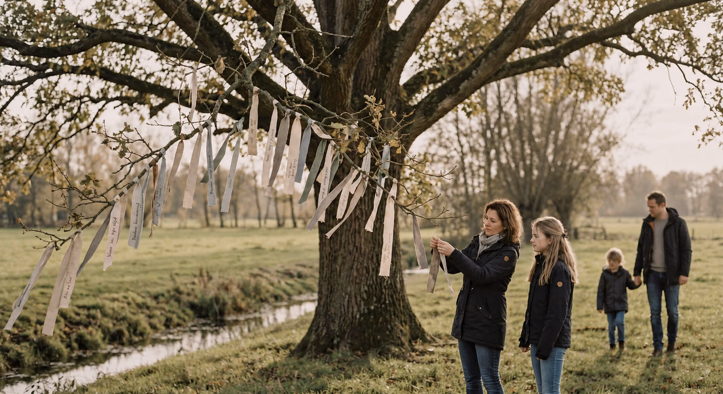 Vrouw en meisje hangen lintjes met boodschappen aan een boombrach in een weiland, man en kind lopen op de achtergrond.