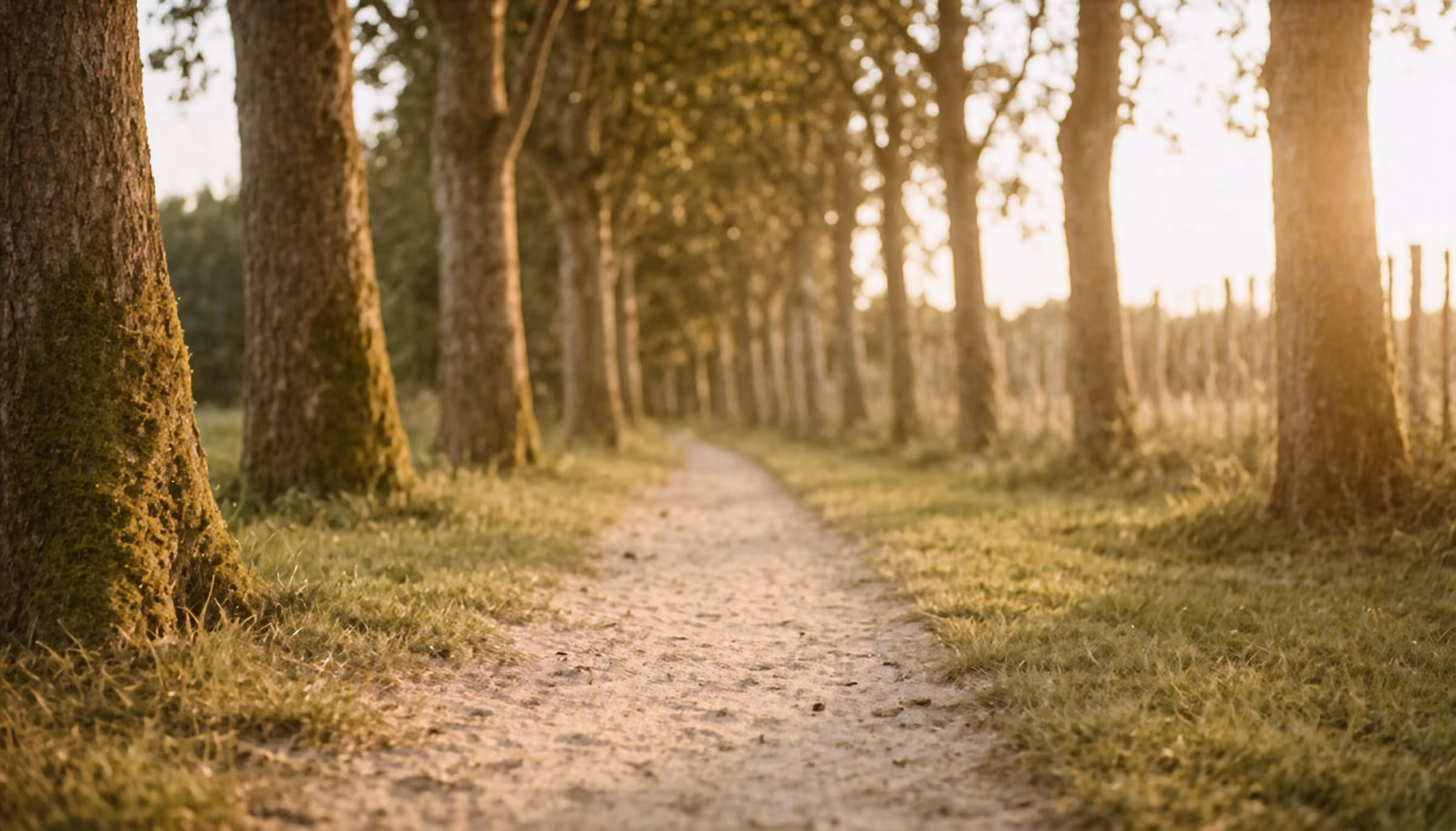 Rustig pad omgeven door hoge bomen met zonlicht dat door het gebladerte schijnt.