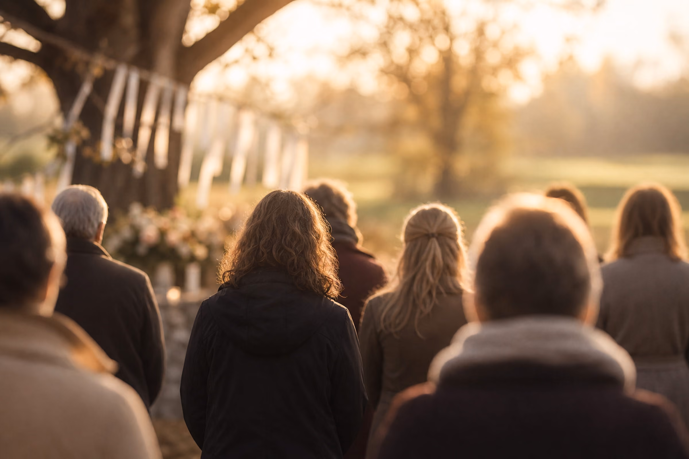 Mensen staan stil bij een ceremonie buiten bij zonsondergang, met linten en bloemen decoraties.