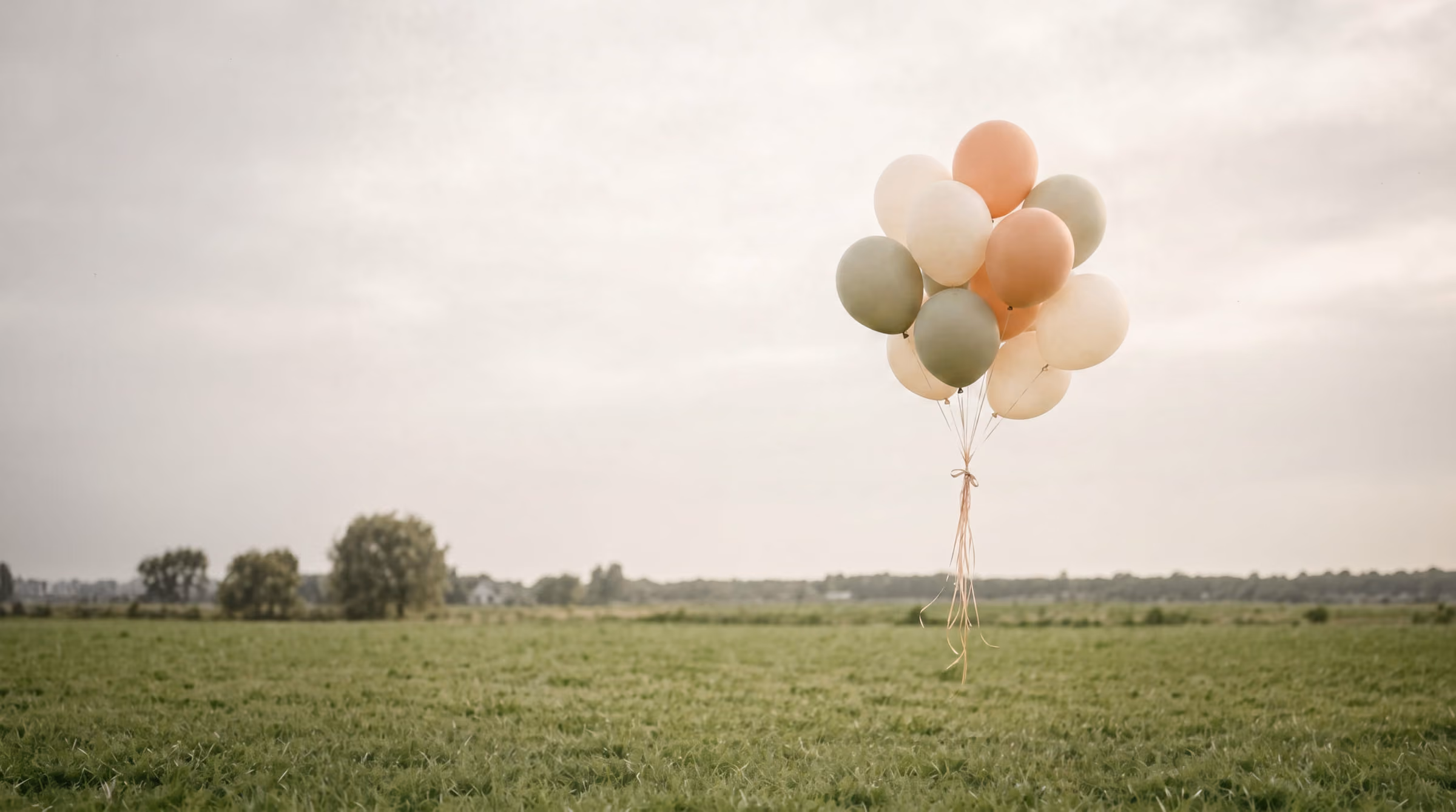 Een bos ballonnen zweeft boven een grasveld.