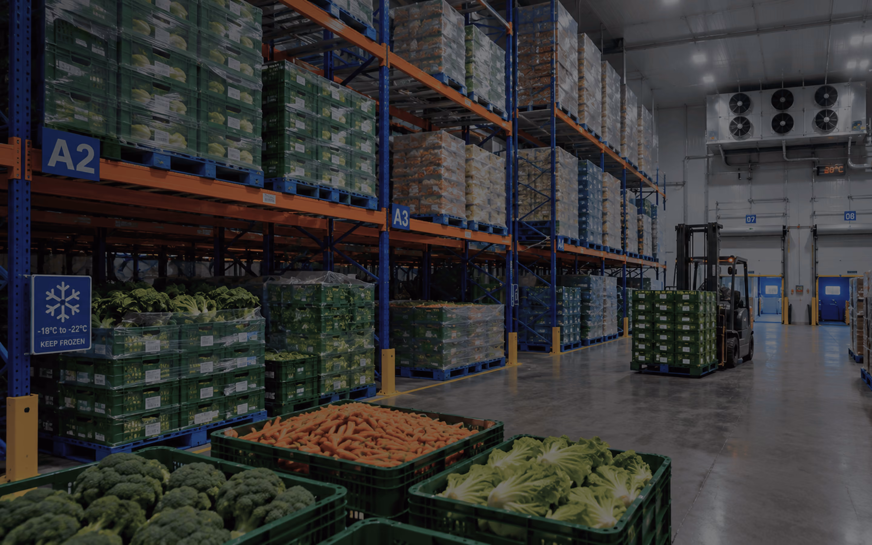 Forklift moving pallets of fresh produce in a cold storage distribution warehouse