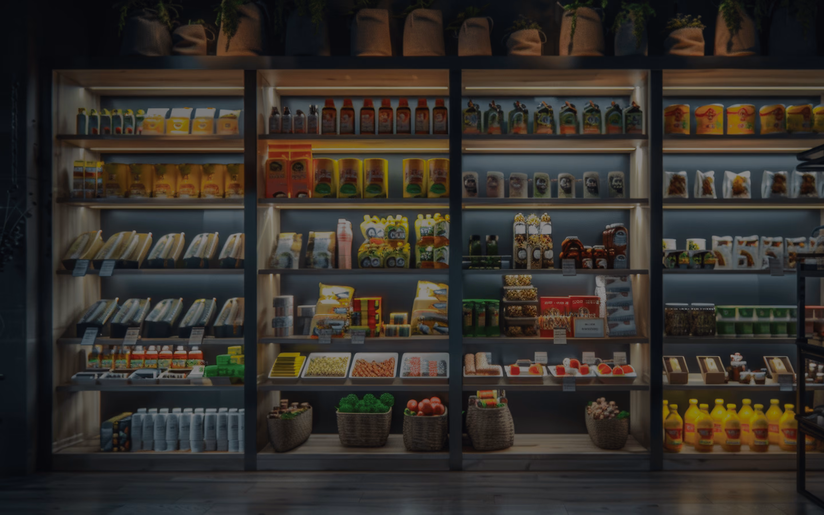 Shelves stocked with packaged grocery products in a retail store