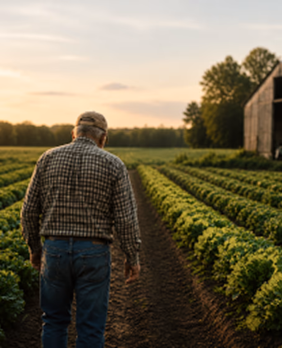 Farmer walking through rows of crops toward a barn at sunset