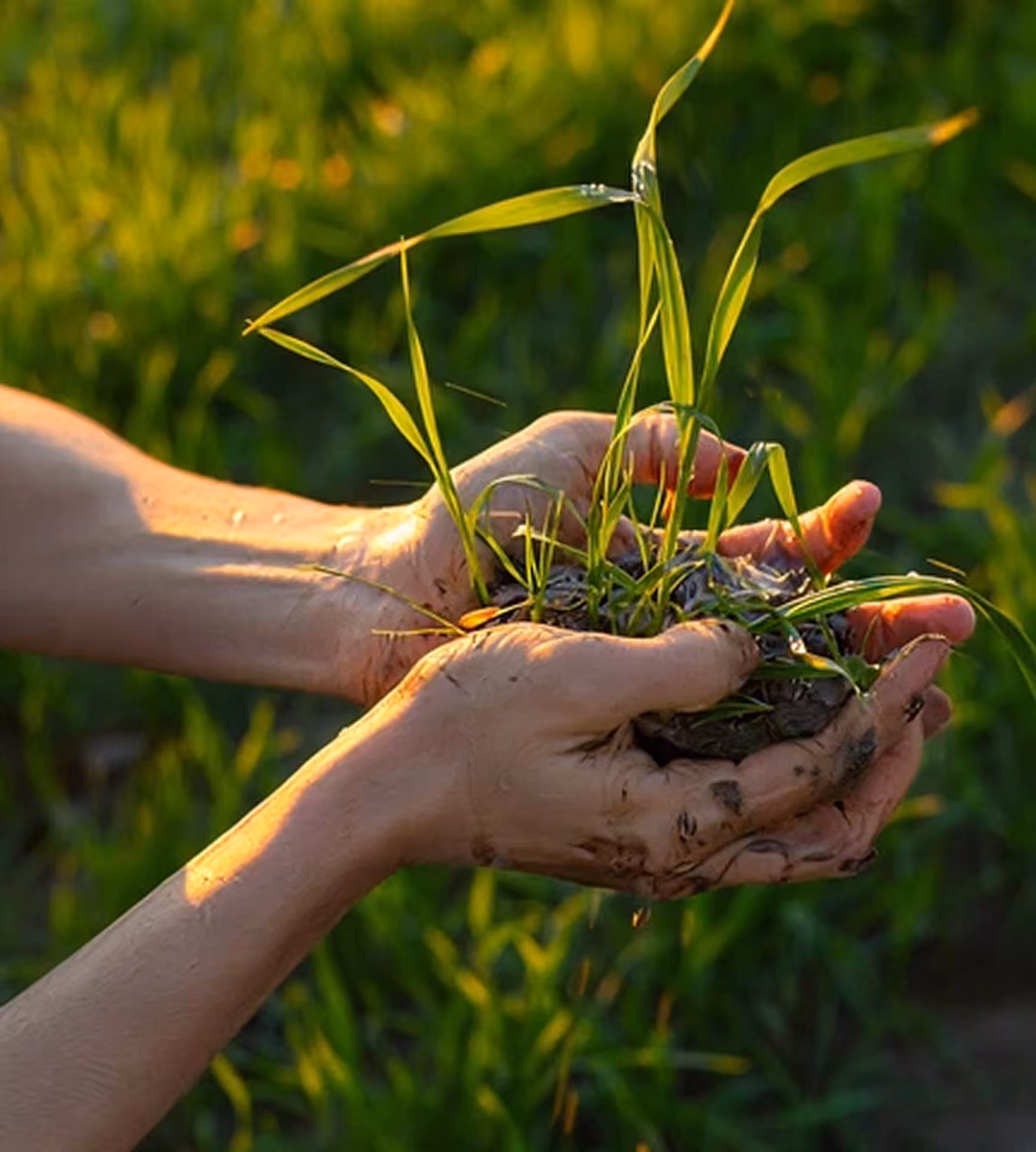 Hands cupping a young seedling with soil and roots