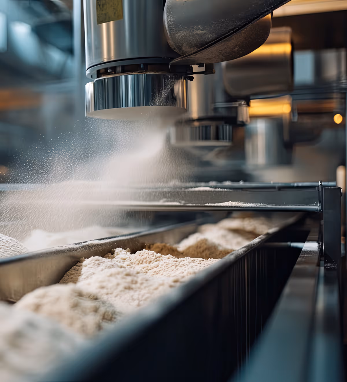 Flour being processed on a production line in a milling facility