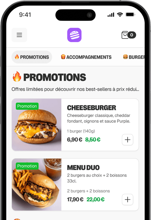 Menu promotion avec cheeseburger et menu duo comprenant burgers, frites, et boisson gazeuse.