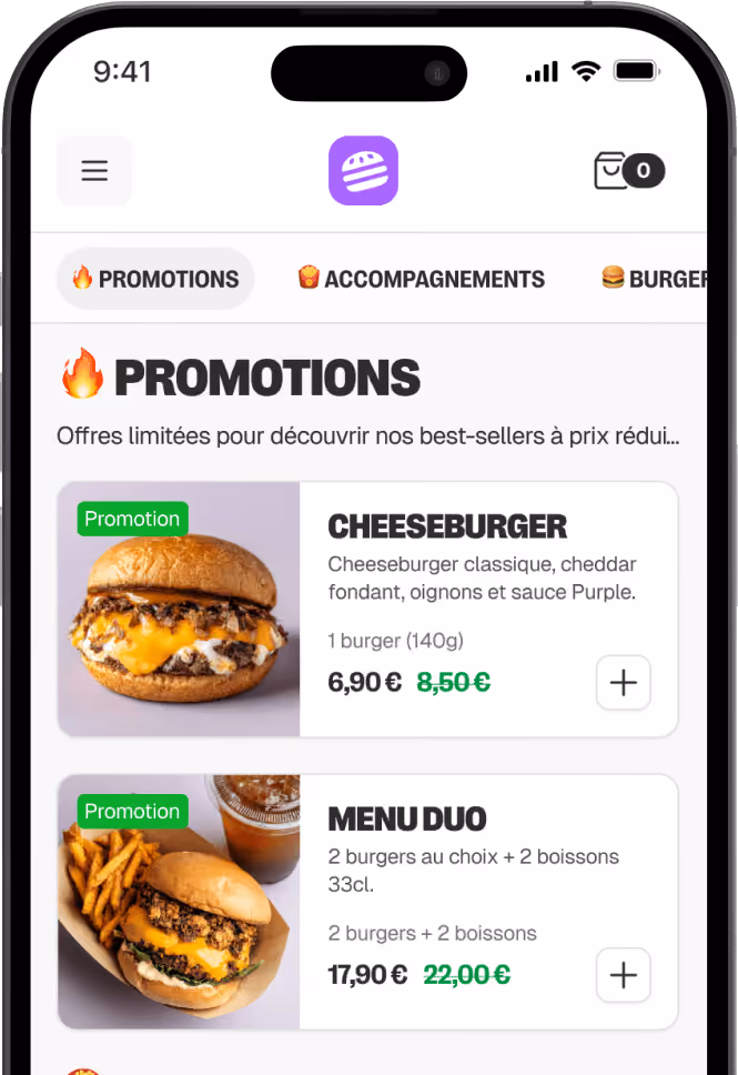 Menu promotion avec cheeseburger et menu duo comprenant burgers, frites, et boisson gazeuse.