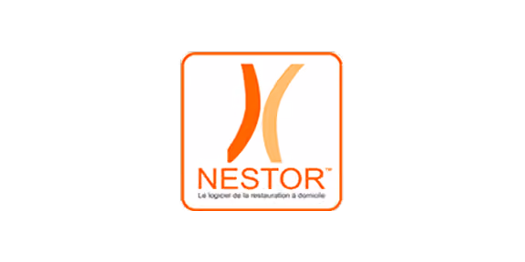 Logo NESTOR avec texte Le logiciel de la restauration à domicile en dessous.