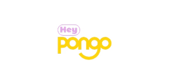Le texte 'Hey pongo' en lettres stylisées jaune et rose sur fond noir.