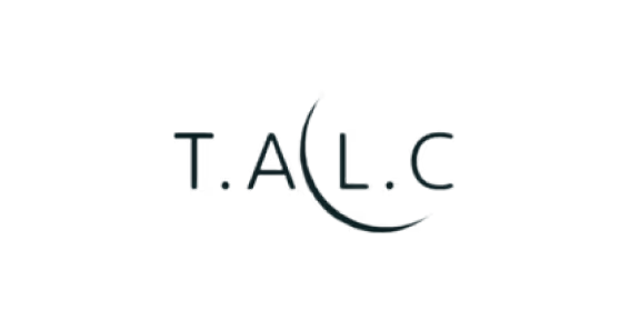 Logo T.A(L.C) avec des lettres stylisées et une forme de croissant au centre.