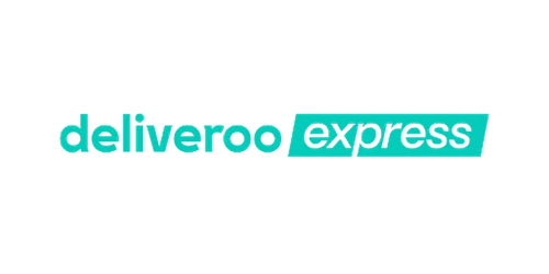 Texte logo Deliveroo express en turquoise sur fond transparent.