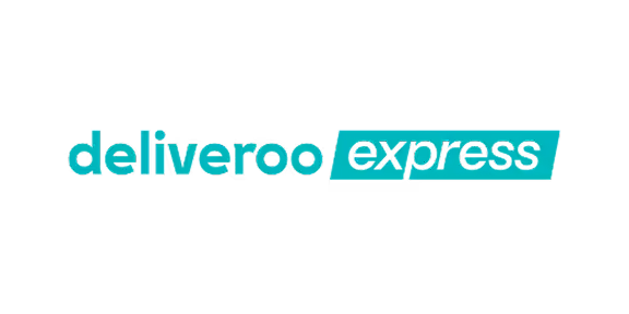 Texte logo Deliveroo express en turquoise sur fond transparent.