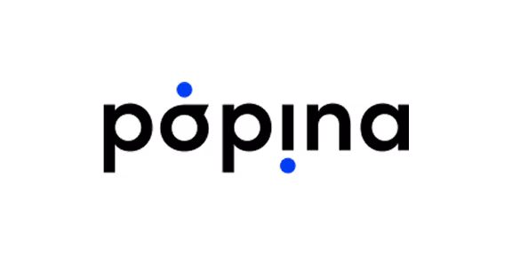 Logo Popina en lettres noires avec deux points bleus sur fond transparent.
