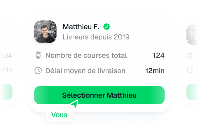 Carte profil de Matthieu F. livreur depuis 2019 avec 124 courses totales et délai moyen de 12 minutes.