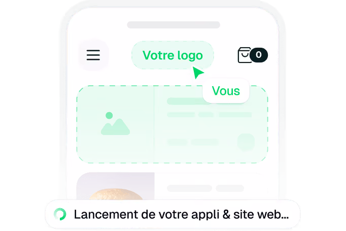 Interface d'application mobile montrant un logo, un menu, une icône panier et du contenu visuel flouté.